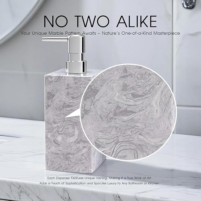 Real Natural Marble Soap Dispenser with Stainless Steel Pump Decorative Liquid Hand Soap Bottle for Kitchen Bathroom, Compatible with Lotion, Dish Soap Shower Gel (Grey 1 Set)
