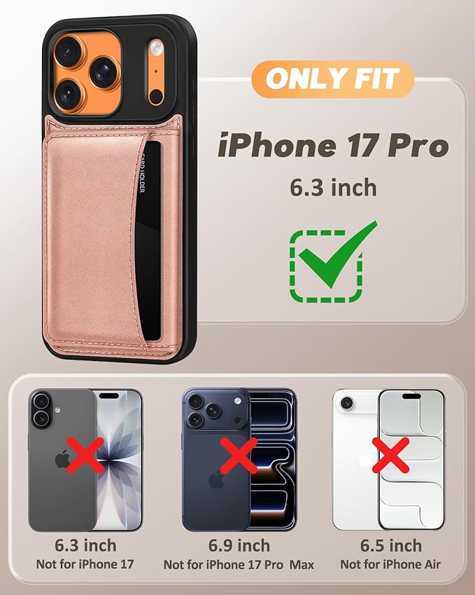 for iPhone 17 Pro Case with Wallet - Fits 4 Card Slots, Compatible with MagSafe for Women Aesthetic Durable PU Leather Credit Card Holder Kickstand Phone Cover for Apple 17 Pro, Rose Gold