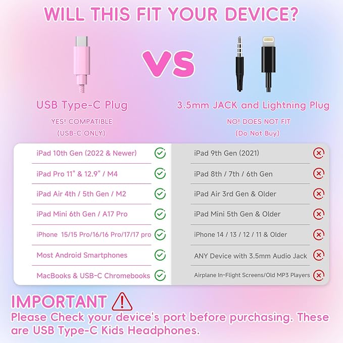 Wired USB C Kids Headphones, 85dB Safe Volume Limit, HD Stereo Sound, Adjustable Headband, Foldable Over-Ear Design for School/Travel/Boys/Girls/iPad/Tablet (Gradient Rose Pink,No Mic)