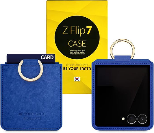 [BeYourSanta] Galaxy Z Flip 7 Case with Ring - Avant-Garde Handmade Saffiano Vegan Leather Case, Anti-Scratch Hinge Protection, Made in Korea (1 Pocket, Blue)