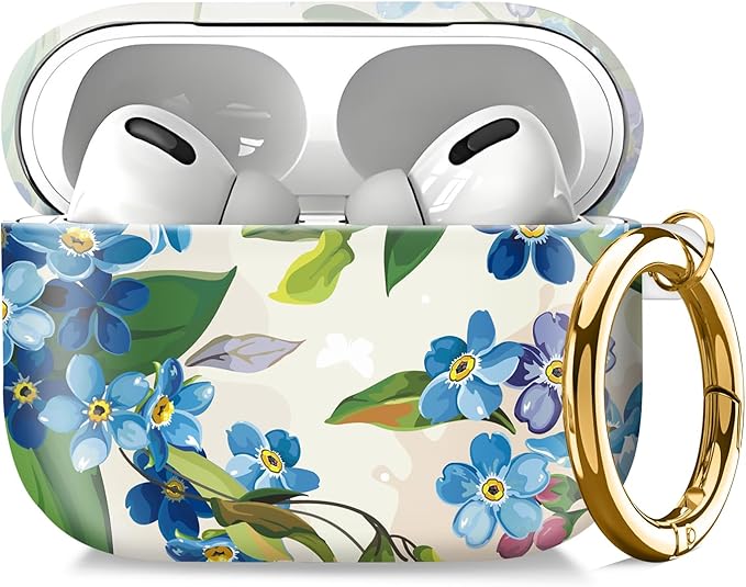 Compatible with AirPod Pro 2nd//1st Generation Case Cover with Key Chain,Full Protective Shockproof Wireless Headphone Case for Airpod Pro 2023/2022/2019（Blue Flowers）