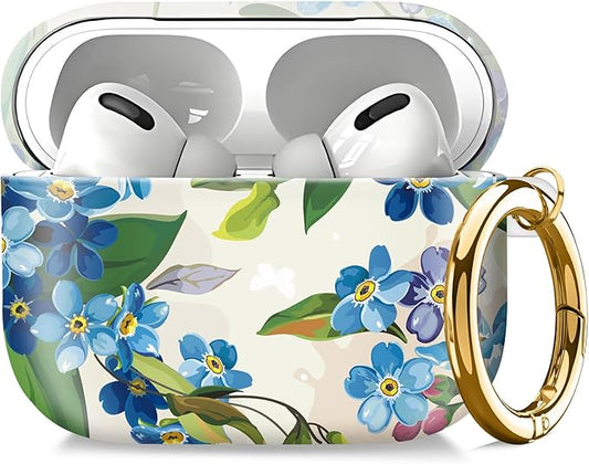 Compatible with AirPod Pro 2nd//1st Generation Case Cover with Key Chain,Full Protective Shockproof Wireless Headphone Case for Airpod Pro 2023/2022/2019（Blue Flowers）