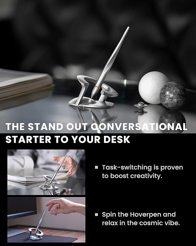novium Hoverpen Interstellar - Luxury Pen Made With Aerospace Alloys, Unique Aesthetic, Free Spinning Executive Pen, Desk Decor (Starlight Silver, 18K-Gold)
