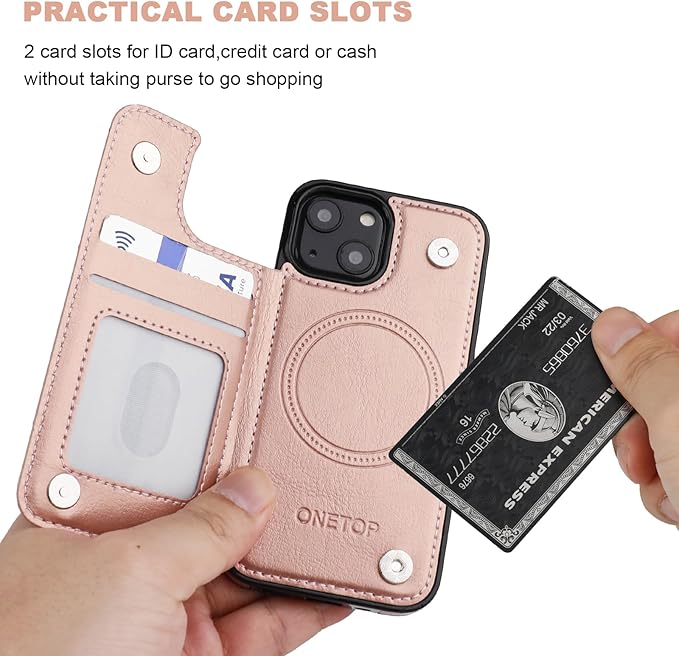 ONETOP Compatible with Magsafe for iPhone 13 Mini Wallet Case with Card Holder, PU Leather Kickstand RFID Blocking Case, Double Magnetic Clasp and Durable Shockproof Cover 5.4 Inch (Rose Gold)