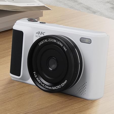 64MP Digital Camera, 16X Zoom, 4K UHD Video Recording, Autofocus, 180° Flip Screen, with 128GB Card and Beauty Filters, for Selfie Photo Video, for Kids Boys Girls (White)