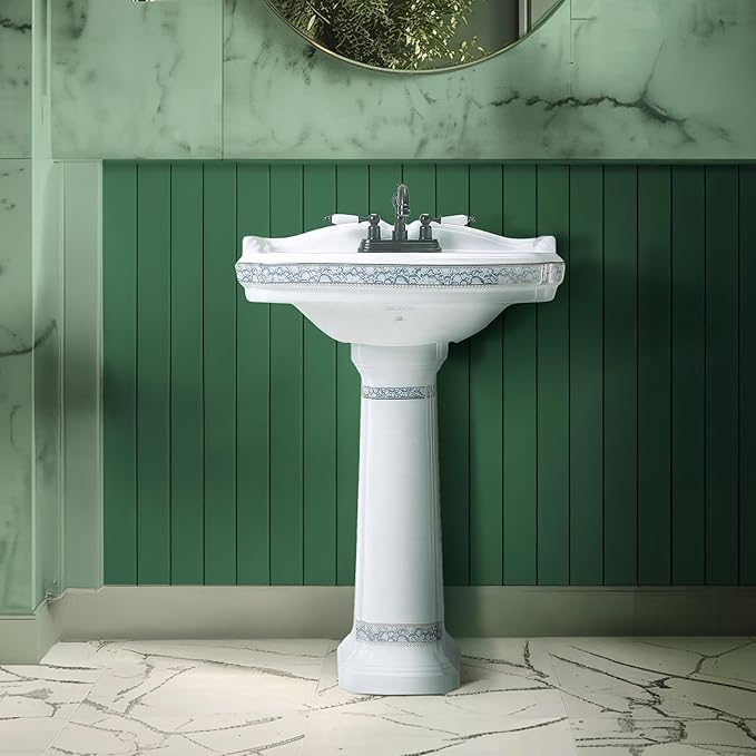 Renovators Supply Manufacturing 23" White Pedestal Bathroom Sink Heavy Duty Porcelain, Blue and Gold Decorative Accents, 4" Centerset Faucet Holes, High Backsplash and Overflow