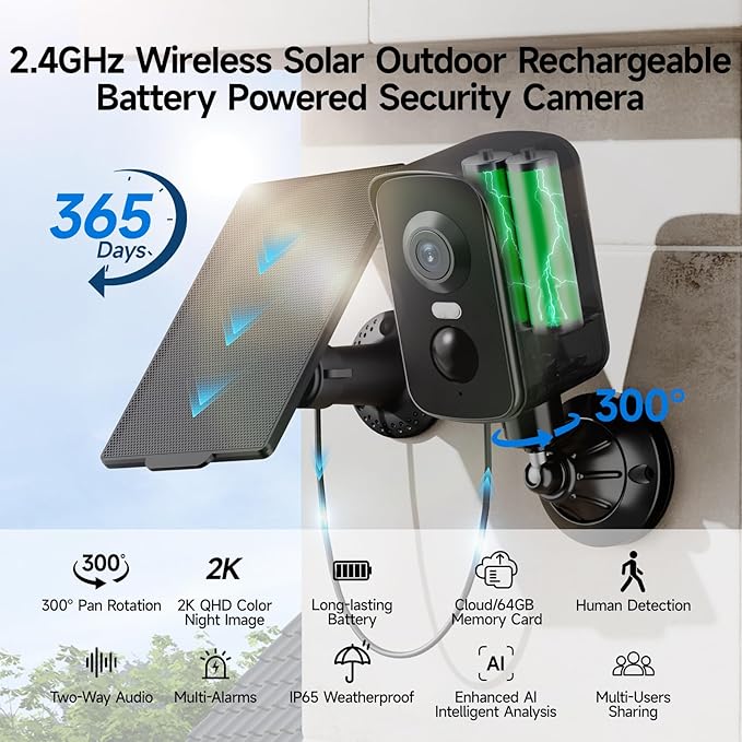 Security Camera Wireless Outdoor, 2K Pan Rotating 300° Solar Panel Battery Powered WiFi Camera with PIR Human Detection, Color Night Vision, 2-Way Audio, Alarm, Cloud/64GB Memory Card Storage