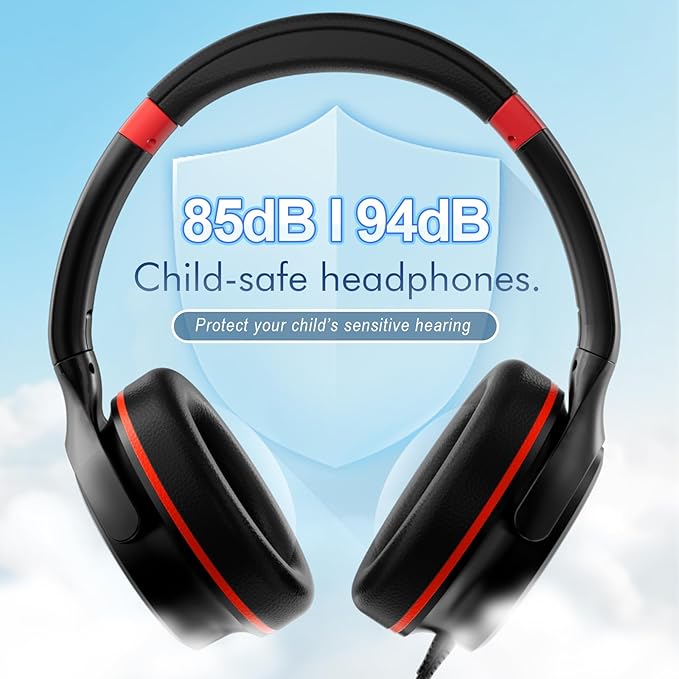 Kids Headphones with Safe 85dB/94dB Volume Limiter for Teen and Boys, Foldable HD Stereo Sound Headset for Kindle Kids/fire Tablet/iPad/Laptop, Headphones with Microphone (Black-red)