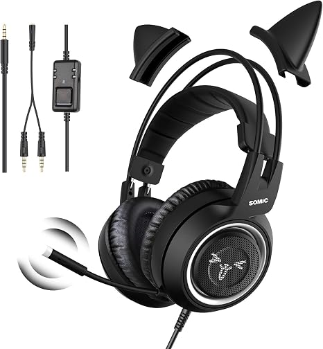 SOMIC Stereo Gaming Headset with Mic for PS4, PS5, Xbox One, PC, Mobile Phone, 3.5MM Sound Detachable Cat Ear Headphones Lightweight Self-Adjusting Over Ear Office Headphones G951S Black