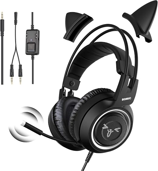 SOMIC Stereo Gaming Headset with Mic for PS4, PS5, Xbox One, PC, Mobile Phone, 3.5MM Sound Detachable Cat Ear Headphones Lightweight Self-Adjusting Over Ear Office Headphones G951S Black