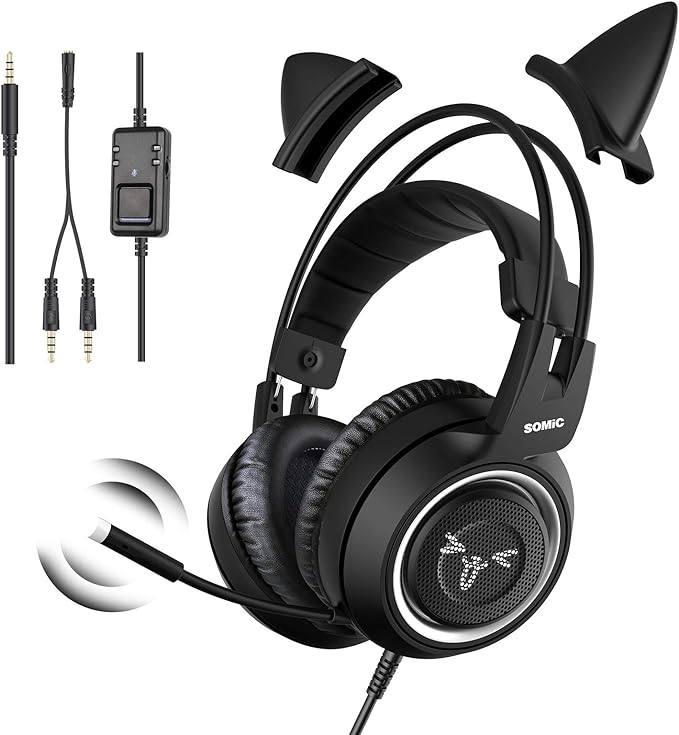 SOMIC Stereo Gaming Headset with Mic for PS4, PS5, Xbox One, PC, Mobile Phone, 3.5MM Sound Detachable Cat Ear Headphones Lightweight Self-Adjusting Over Ear Office Headphones G951S Black