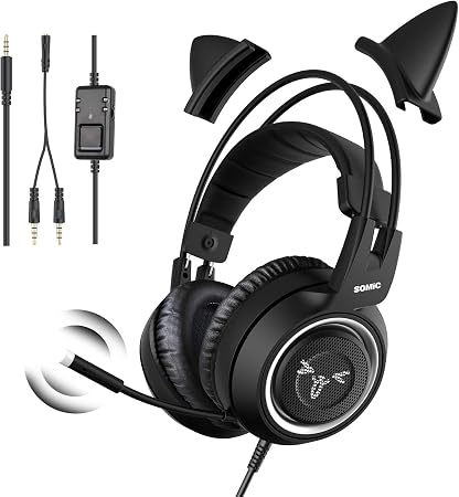 SOMIC Stereo Gaming Headset with Mic for PS4, PS5, Xbox One, PC, Mobile Phone, 3.5MM Sound Detachable Cat Ear Headphones Lightweight Self-Adjusting Over Ear Office Headphones G951S Black