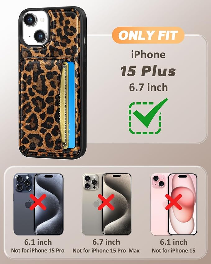 for iPhone 15 Plus Case with Wallet - Fits 4 Card Slots, Compatible with MagSafe for Women Aesthetic Durable PU Leather Credit Card Holder Kickstand Phone Cover for Apple 15 Plus, Leopard