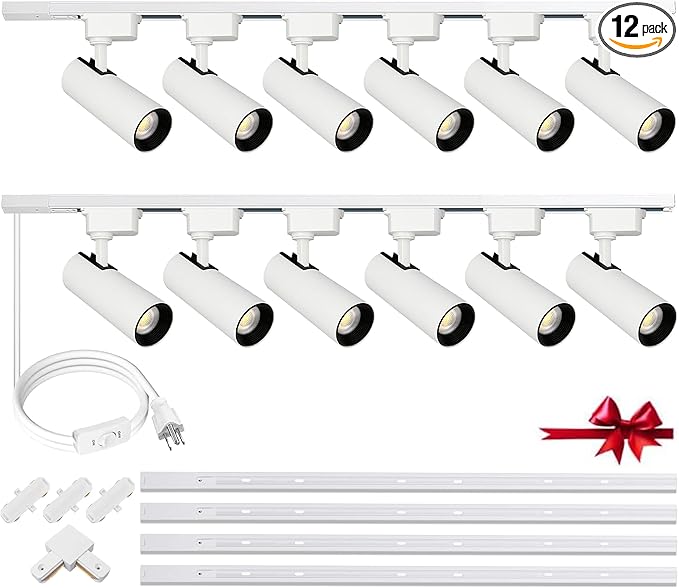 White Super Brightness 6000K Cool Light Dimmable Brightness 25W 2000lm J&L Type LED Track Lighting System with 13 FT Track Rails and Ceiling Spotlight Fixture Installation Package