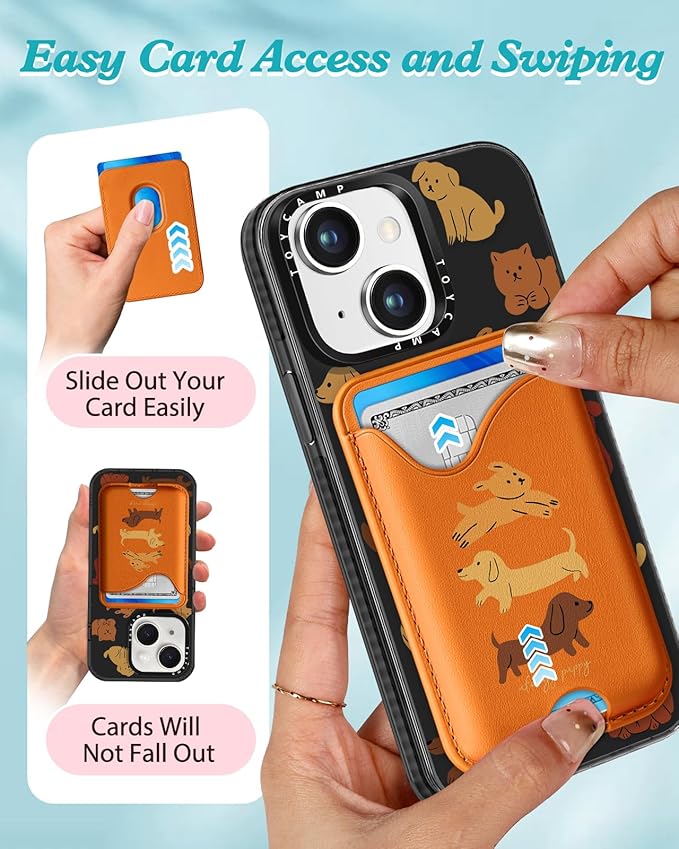 Toycamp for iPhone 15 Case - Compatible with Magsafe with Credit Card Holder Wallet Magnetic Cute Women Teen Girls Kawaii Girly Unique Small Dogs Design Pretty Phone Cover for Apple 15 6.1"