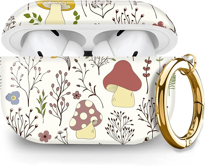 Compatible with Airpod pro 2nd/1st Generation Case Cover with Gold Round Keychain Cute Pattern Hard & Anti Slip Cover for Men Women & Girls(Boho Mushroom)