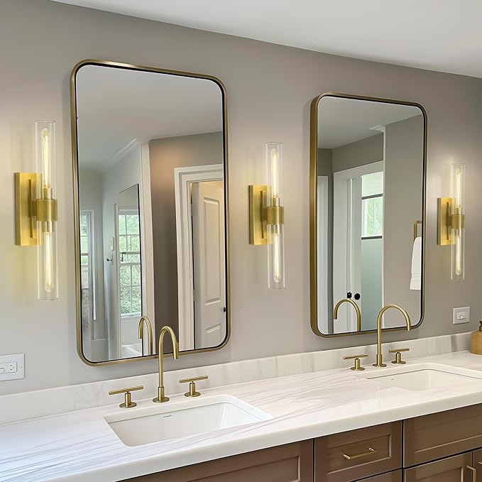 Brass Wall Sconces, 22.8" Bathroom Wall Sconce, Gold Wall Sconces Set of 2, 2-Light Dimmable Wall Sconce, Sconces Wall Lighting With Glass, Bathroom Vanity Light, Tube Sconce for Living Room, Hallway