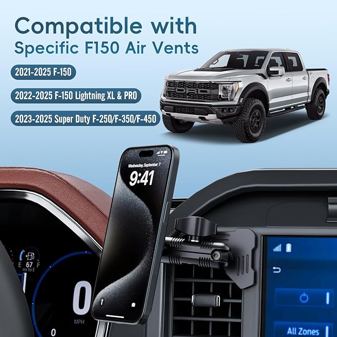 Car Vent Magnetic Phone Mount Compatible with 2021-2025 Ford F-150, 2022-2024 F-150 Lightning XL & PRO,2023-2025 Ford Super Duty, Metal Cell Phone Holder Cradles Bracket Stand for All Smartphones