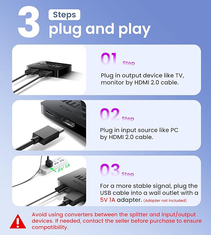 avedio links HDMI Splitter 1 in 2 Out [w/ 4 Ft Hdmi Cable]Not for Extended Display-Mirror Same Screen Only, 4K 1x2 HDMI Splitter 1 to 2 for 3D 1080P@60Hz, Copy 1 Source to 2 Displays at The Same Time