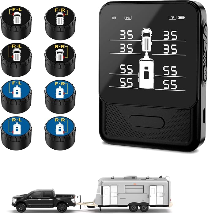 RV Tire Pressure Monitoring System TPMS w/8 Sensors(0-108 PSI)