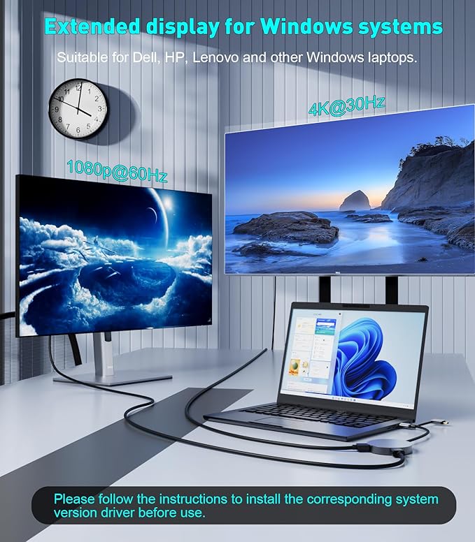 USB 3.0 or USB C to Dual HDMI Splitter Extender Display for Windows and Mac M1/M2/M3 | 4K/1080P USB C to HDMI Adapter for Dual Monitor, Multiple for Thunderbolt MacBook, Dell, HP, Lenovo etc