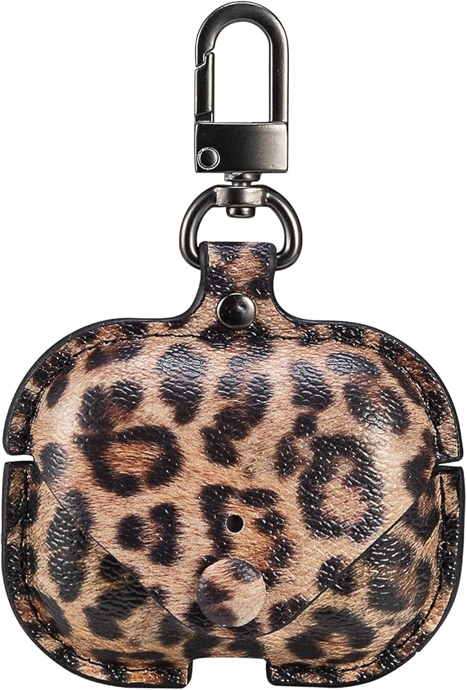 Genuine Leather Case Compatible with AirPods Pro Case 2nd/1st Gen (2023/2022/2019), VOMA Protective Cover for Apple AirPods Pro 2/Pro Wireless Charging Case with Keychain and Snap Lock Leopard