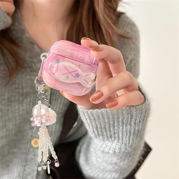 Compatible with AirPods 4 Case with Cleaner Kit, Cute Cartoon Fish Star Keychain Soft TPU Shockproof Cover for Airpods 4th Generation -Pink
