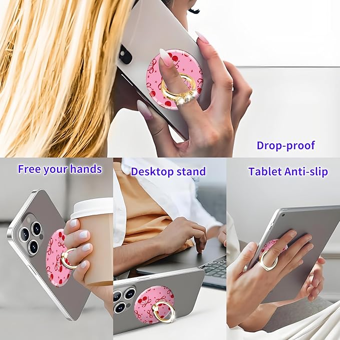 Magnetic Phone Ring Holder Compatible with MagSafe, Cute Phone Grip Stand with 360° Rotation Gold Glitter Finger Ring Kickstand Accessories for Most Phones Cute Bowtie Cherry
