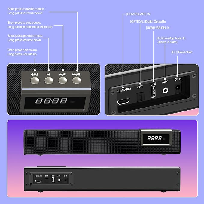50W Sound Bar for Smart TV, 2.0 ch Soundbar with Bluetooth 5.4/ARC/Opt/AUX Connect, Soundbar for TV with 2 Full Range Speakers, Home Audio Surround Sound System for TV PC