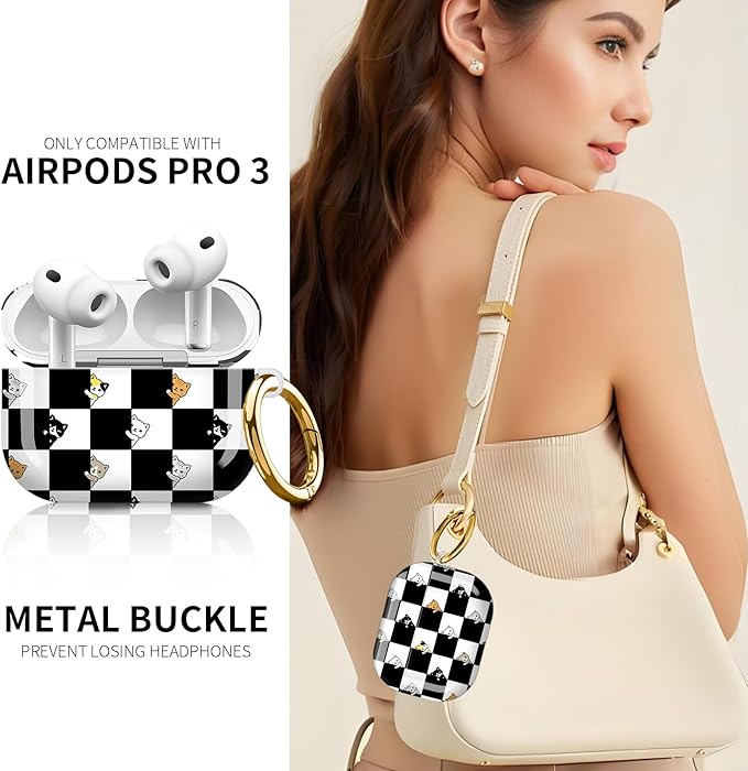 Compatible with AirPod Pro 3rd Generation Case 2025,Fashion Protective Cover with Keychain, Anti-Scratch, Drop Protection,Shockproof Cover for AirPod Pro 3 Women(Black White Checkered Cat)