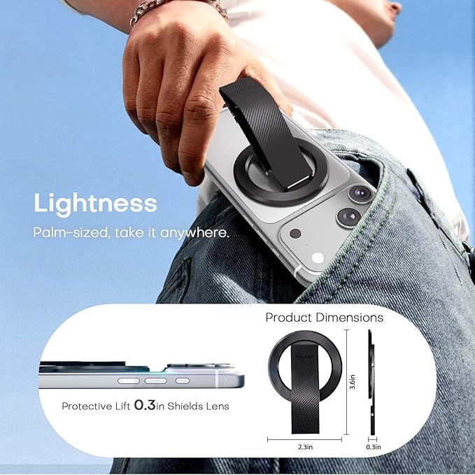 for MagSafe Phone Grip, Magnetic Phone Grip with Silicone Finger Strap & Dual-axis Adjustable Kickstand, Magnetic Phone Stand Ring Holder for Mag Safe iPhone 17/16/15/14/13/12 Series, Black