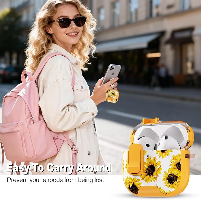 for AirPods 4 Case with Secure Lock Clip in Phone Stand,Floral Girly Style Protective Cover with Cleaning Kit and Hand Strap for Apple AirPod 4 Generation (Yellow Sunflower)
