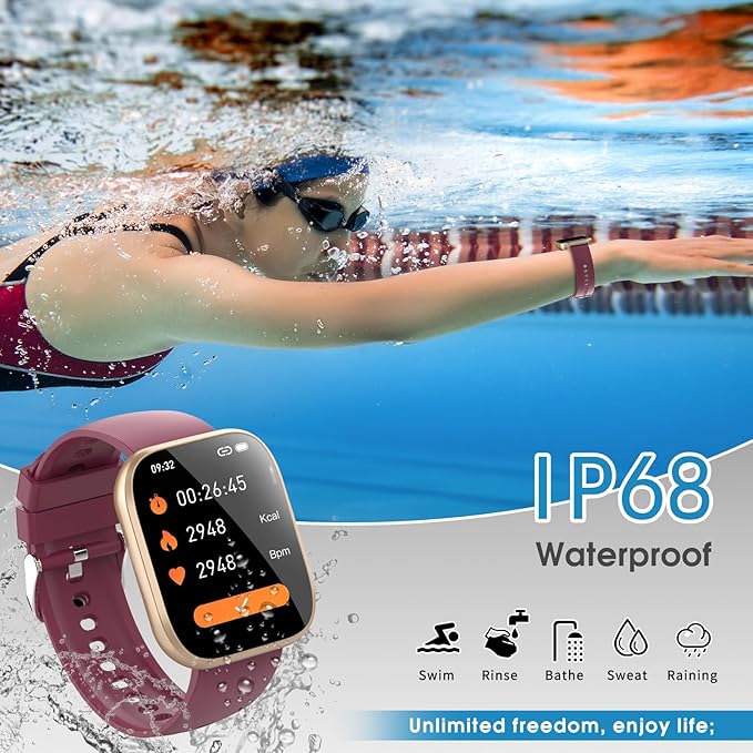 aycy Smart Watch for Men Women Bluetooth Call, 1.85" HD Touch Screen Fitness Watch with Sleep Heart Rate Monitor, 112+ Sports Modes, IP68 Waterproof Activity Trackers for Android iOS, Burgundy