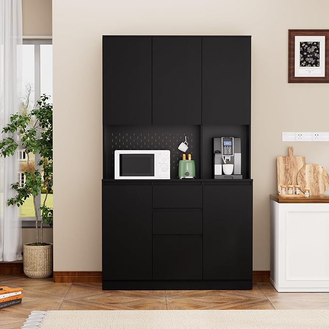 Tatub 74” Pantry Cabinet with Power Outlet, Kitchen Hutch with Storage & Microwave Shelf, Black Kitchen Pantry Storage Cabinet with LED Light Strip