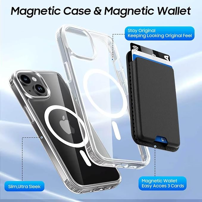 Magnetic for iPhone 14 Case & iPhone 13 Case Clear with Black Card Holder, Compatible with MagSafe, Slim Shockproof Phone Cover with Detachable Wallet, Built-in Magnet Ring