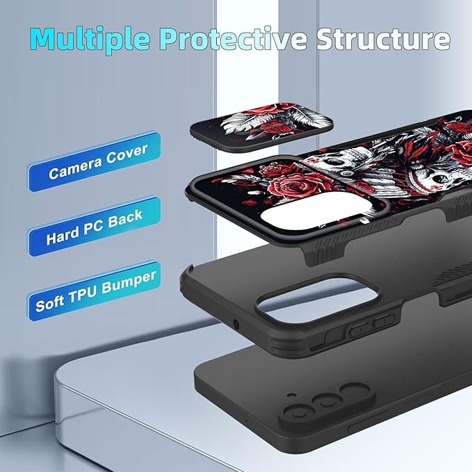for Galaxy A26 5G Case Built in Slide Camera Lens Cover,Heavy Duty Shockproof Protection Dual Layer Case for Samsung Galaxy A26 5G 6.7" 2025,Skull Art with Feathers and Roses