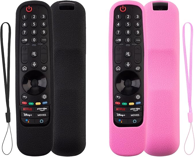 2 Pack Remote Cover for LG Magic, Silicone Protective Case for LG Smart TV Remote Controller LG MR21/ 22/23 Shockproof Anti-Slip Remote Case Remote Sleeve with Anti-Lost Loop (Black + Pink not Glow)