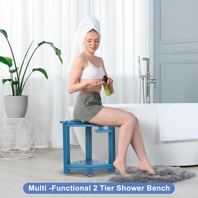 nalone Corner Shower Stool, HDPE Shower Bench for Inside Shower, Small Shower Chair Seat for Shaving Legs with Storage Shelf, Soap Box and No-Slip Feet (Navy Blue)