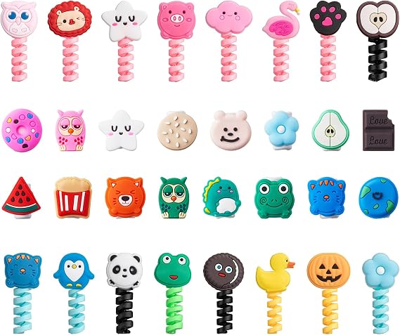 Flutesan 32 Pieces Colorful Cartoon Charger Cable Protectors USB Charger Cable Saver Silicone Animal Buddies Flexible Wire Protectors for Most Cellphone Data Lines (Nice Style,2 x 3 cm, 1.8 x 2 cm)