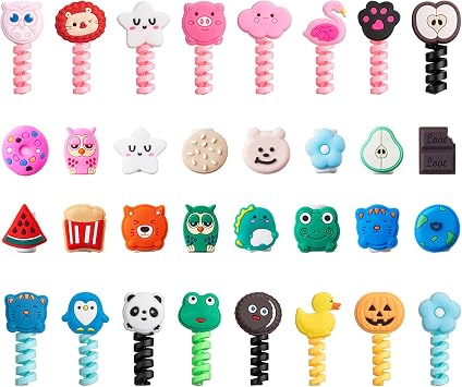 Flutesan 32 Pieces Colorful Cartoon Charger Cable Protectors USB Charger Cable Saver Silicone Animal Buddies Flexible Wire Protectors for Most Cellphone Data Lines (Nice Style,2 x 3 cm, 1.8 x 2 cm)