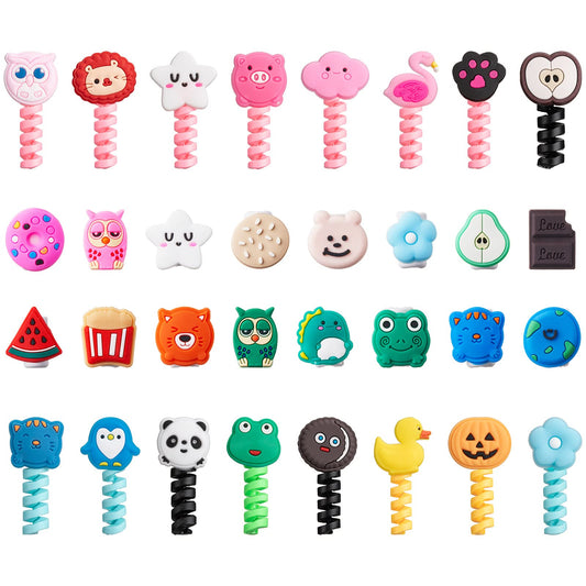 Flutesan 32 Pieces Colorful Cartoon Charger Cable Protectors USB Charger Cable Saver Silicone Animal Buddies Flexible Wire Protectors for Most Cellphone Data Lines (Nice Style,2 x 3 cm, 1.8 x 2 cm)