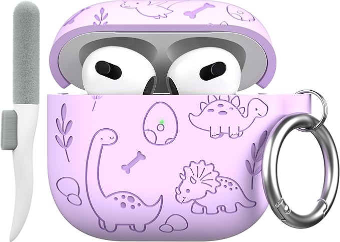 Maxjoy for AirPods 4 Case, Engraved Silicone Cute AirPod 4 Case for Women Men Protective iPod 4 Cover with Keychain Cleaning Kit for AirPod 4th Generation Cover 2024, Dinosaur Purple
