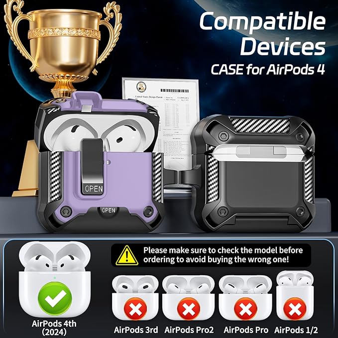 Secure Lock Case for AirPods 4 with Phone Stand, Cleaning Kit & Keychain, Shockproof Protective Cover Compatible with Apple AirPods 4th Gen 2024 for Men Women, Anti-Scratch