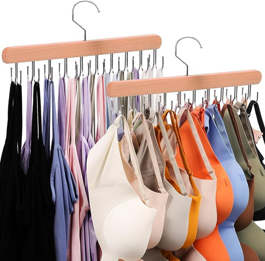 2 Pack Tank Top Hanger, 40 Hooks Large Capacity Bra Hanger, Bra Hangers for Closet Organizer & Storage, Tank Top Hangers Space Saving, Standard Hangers for Sports Bras, Tank Top (Wood, 2 Pack)