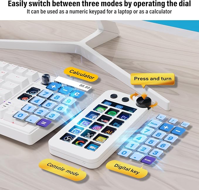 Macro Pad,Macro Shortcut Keyboard,With15 Customizable Macro Keys,Three Modes (Shortcut Keys,Calculator and Numeric Keypad),Work for OBS,PowerPoint,Photoshop and Adobe Premiere Pro(N1 White)