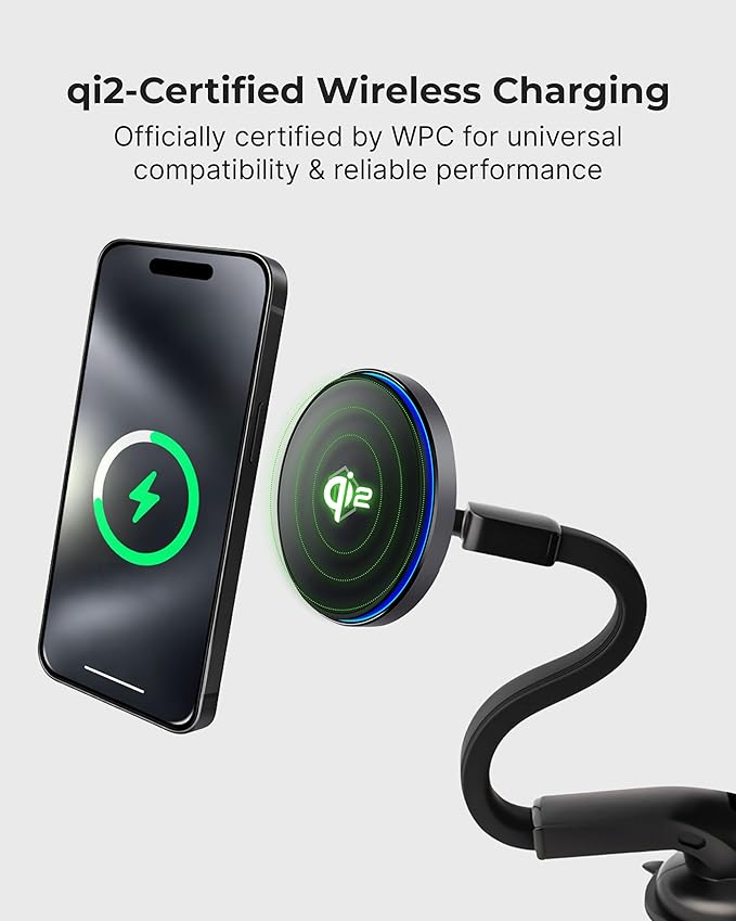 Mag Switch Qi2 Wireless Car Charger Gooseneck Mount, 15W Fast Charger with Built in on/Off Switch for Smarter Charging, Strong N52 Magnets, Compatible with iPhone 14/15/16/17/Galaxy
