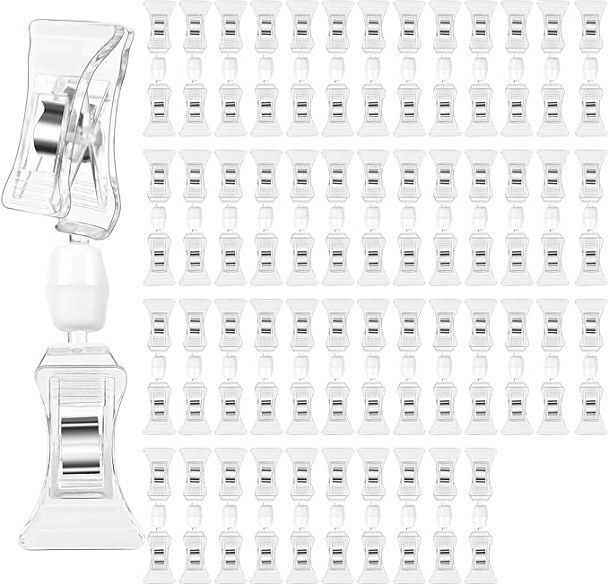 Clear Sign Clips on Merchandise Display 50 Pack Plastic Label Pop Clips on Sign Holder Shelf Double Sided Swivel Price Tag Clips on Clothing Rack Signs Rotatable Menu Clips for Sale Retail Display