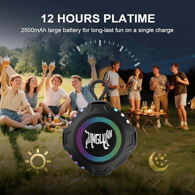 Wireless Bluetooth Speaker, Blue Tooth Portable Speaker with IPX6 Waterproof, 2500mAh Battery, TWS Pairing, RGB Light, Built in Mic, Support TF Card, USB, Unisex Gifts for Bathroom Party Home - Black