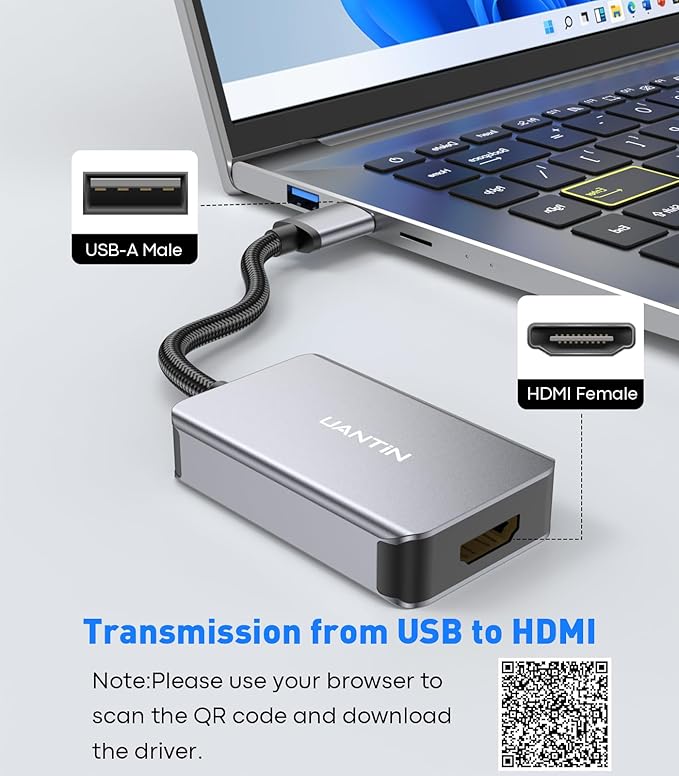 USB to HDMI Adapter 1080p@60Hz (Aluminum & Braided Nylon Cable) USB-A 3.0 Male to HDMI Female Converter for Windows 7/8/10/11 and MacOS for Multiple Monitor- Driver Required Only One