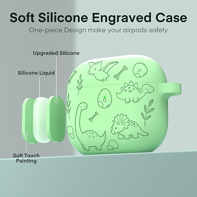 Maxjoy for AirPods 4 Case, Engraved Silicone Cute AirPod 4 Case for Women Men Protective iPod 4 Cover with Keychain Cleaning Kit for AirPod 4th Generation Cover 2024, Dinosaur Matcha